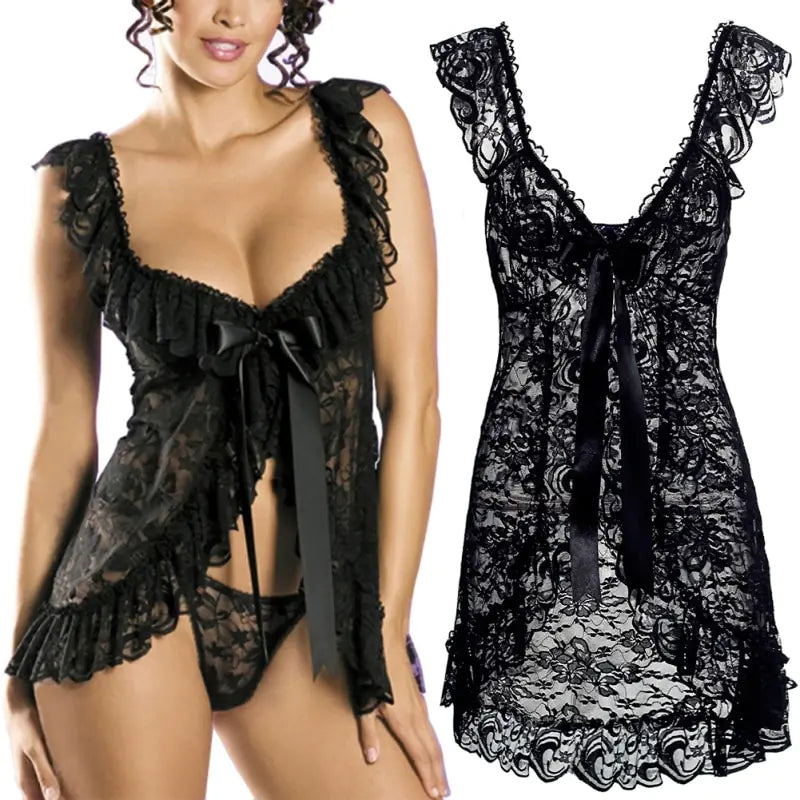 Plus Size Lace Lingerie Set with Sheer Nightgown