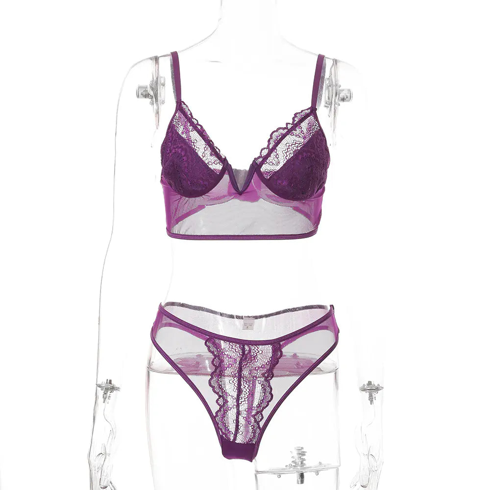 Deep V Lace Floral Lingerie Set