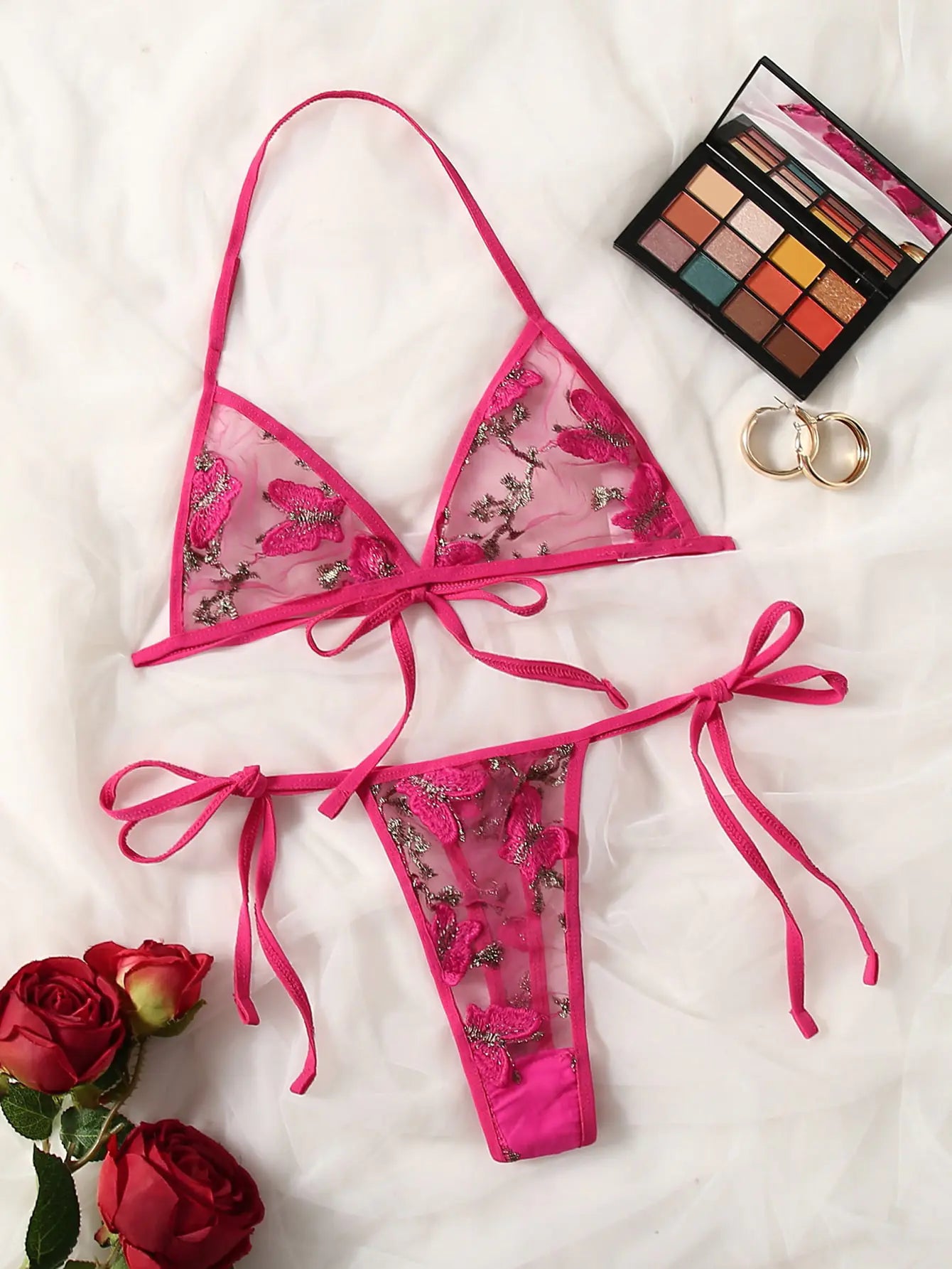 Lingerie Set with Embroidered Bra and T-Back Panty