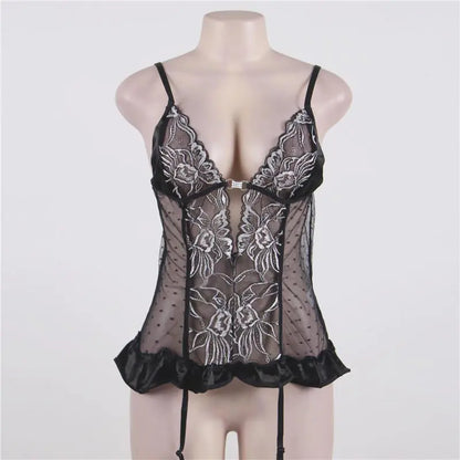Black lace lingerie set on a mannequin against a white background