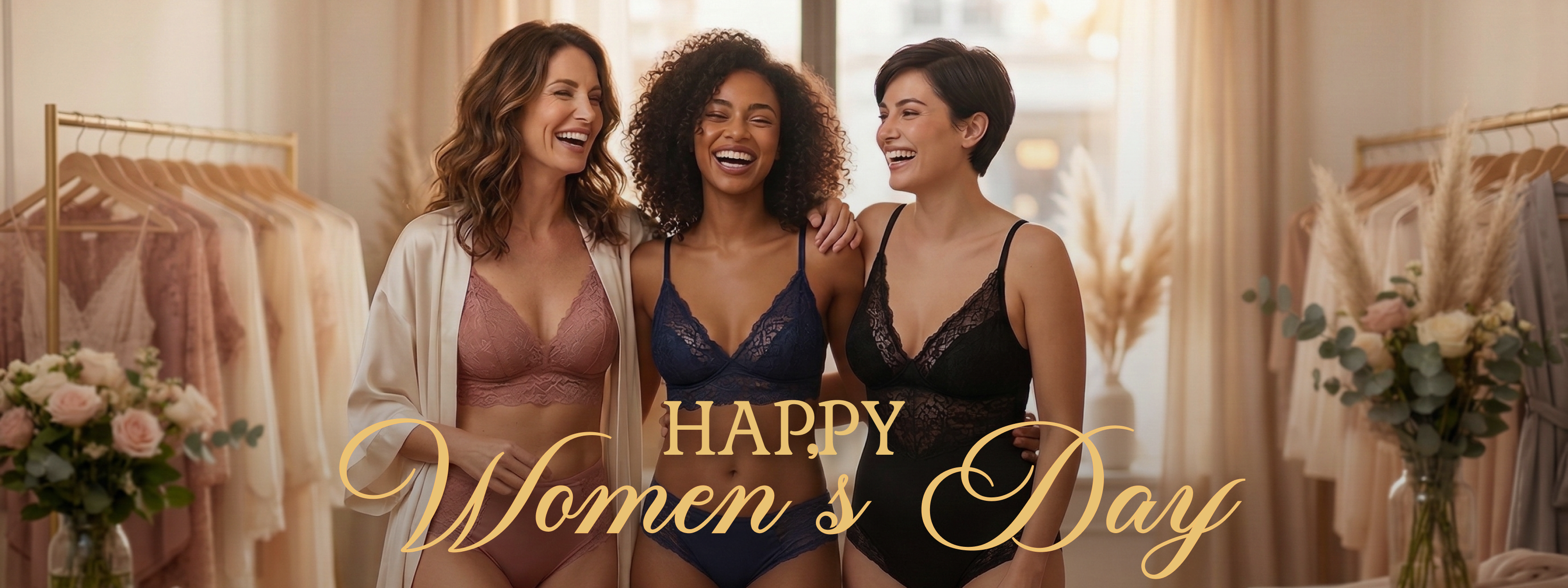 Three women in lingerie with 'Happy Women's Day' text in a lingerie store setting.