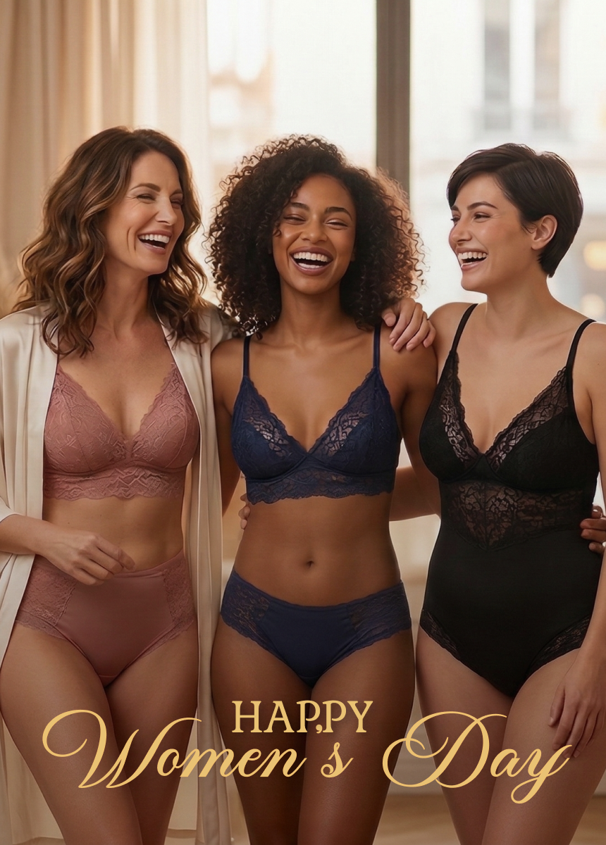 Three women wearing lingerie with 'Happy Women's Day' text in a warm indoor setting.