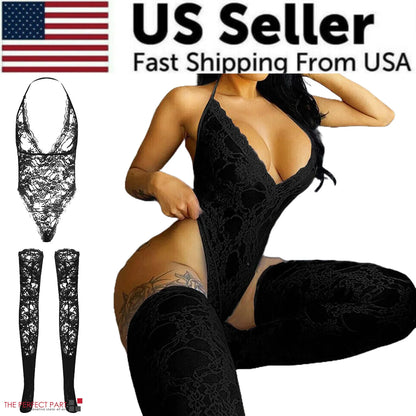 Black lace lingerie set with stockings on a white background, featuring 'US Seller' text and an American flag.