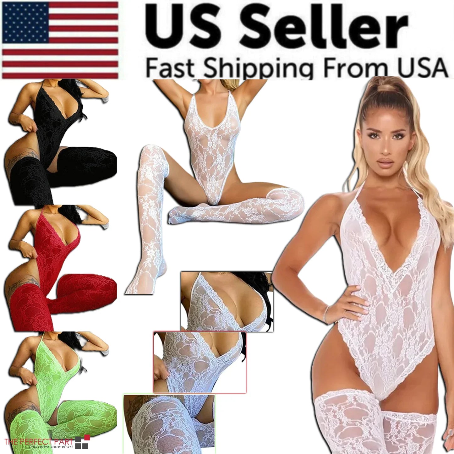 Collage of lace lingerie with a US seller banner and model wearing lace bodysuit.