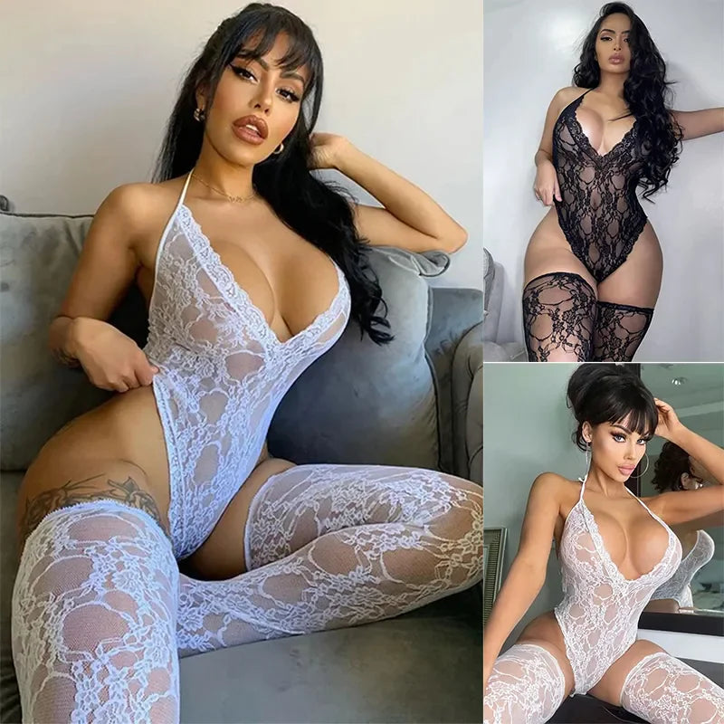 Collage of a woman wearing lace lingerie in various poses.