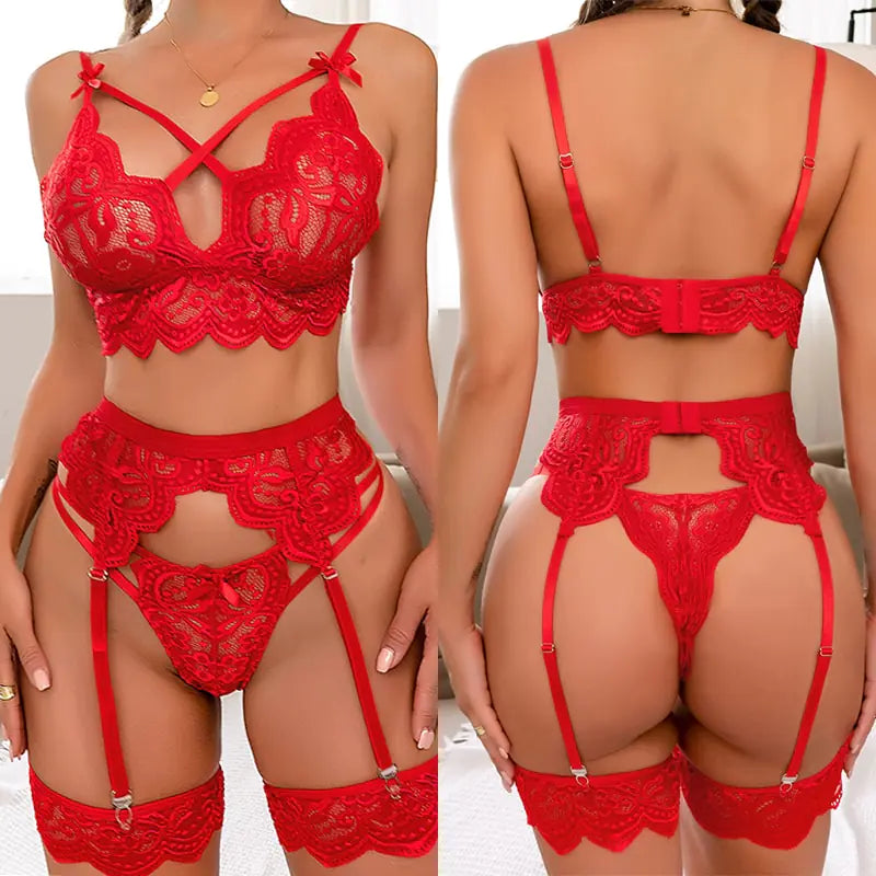 Red lace lingerie set shown from front and back on a neutral background