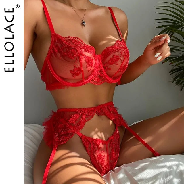 Red lace lingerie set with 'ELLOLACE' branding on a neutral background