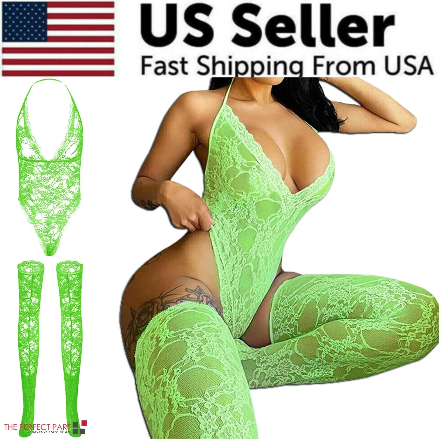 Green lace lingerie set with 'US Seller' and 'Fast Shipping From USA' text on a white background.