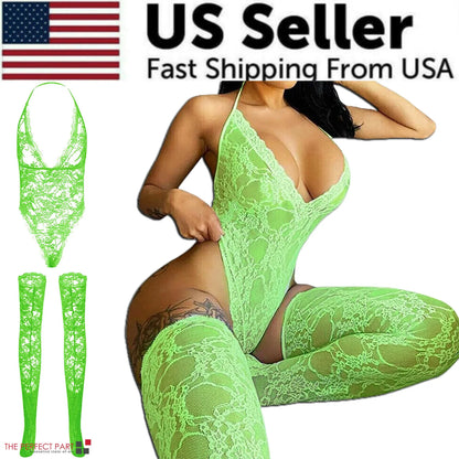 Green lace lingerie set with 'US Seller' and 'Fast Shipping From USA' text on a white background.