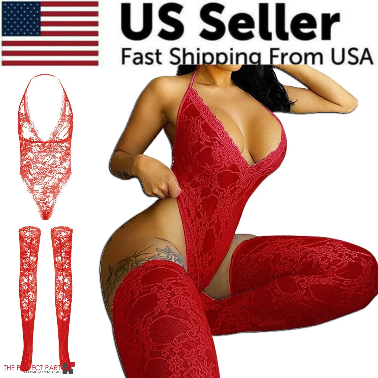 Red lace lingerie set with leg covers and 'US Seller' text on a white background