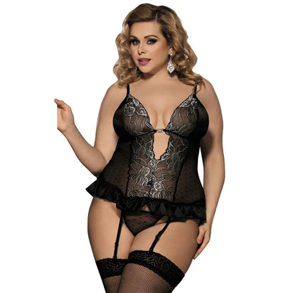 Woman wearing a black lace lingerie set on a white background