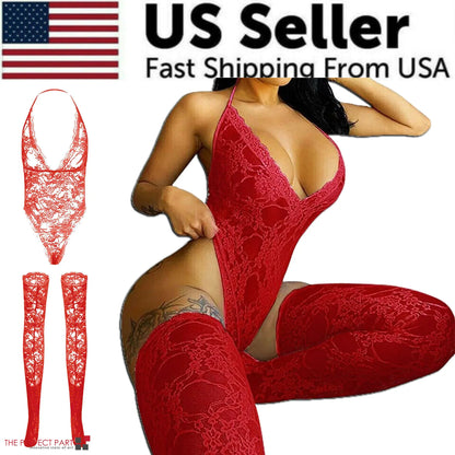 Red lace lingerie set with leg covers and 'US Seller' text on a white background