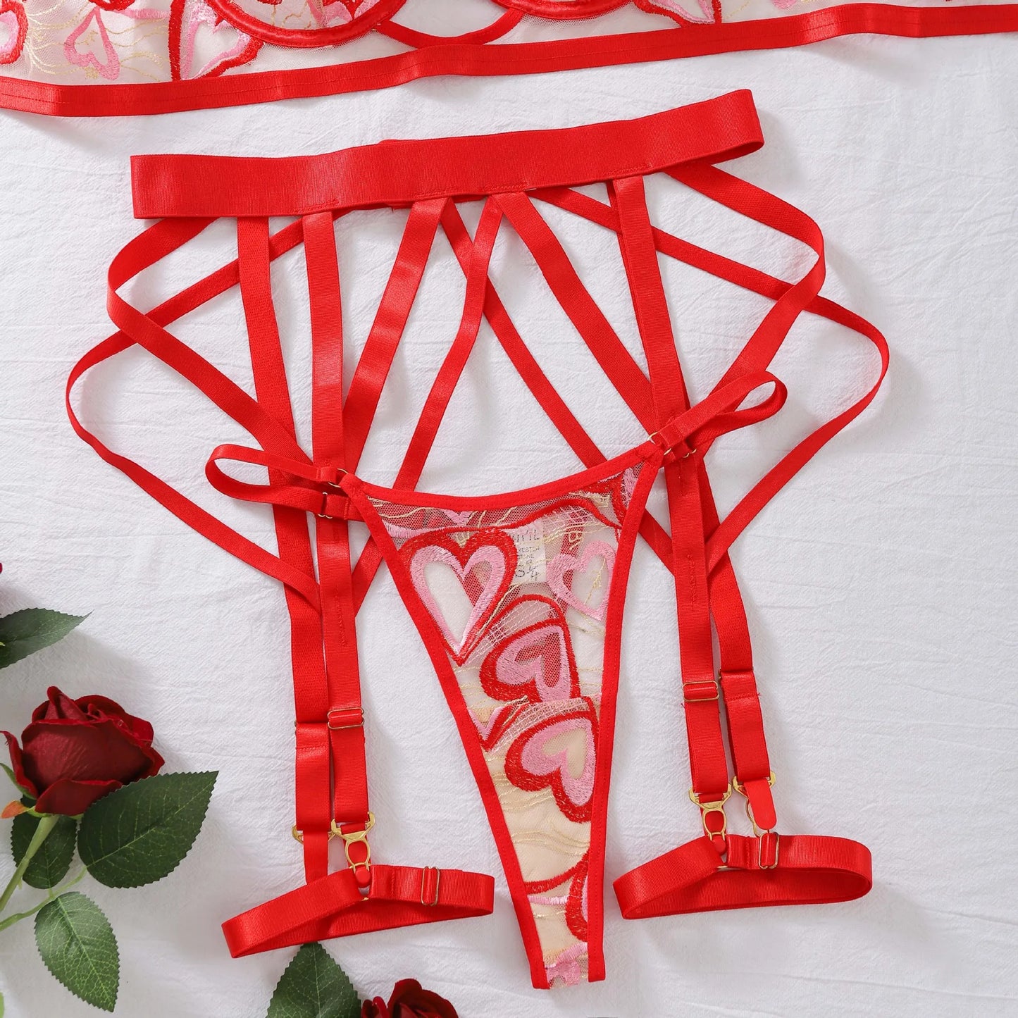 4-Piece Lace Bra Set Women Red Heart Embroidery Transparent Underwear