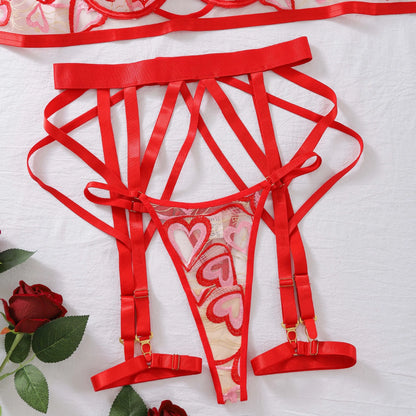 4-Piece Lace Bra Set Women Red Heart Embroidery Transparent Underwear