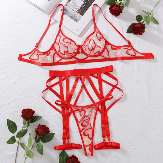 4-Piece Lace Bra Set Women Red Heart Embroidery Transparent Underwear