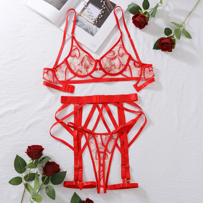 4-Piece Lace Bra Set Women Red Heart Embroidery Transparent Underwear
