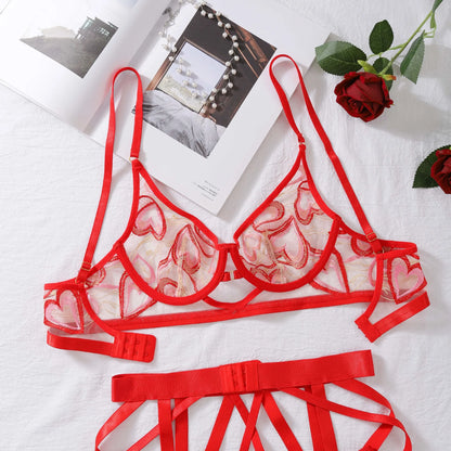 4-Piece Lace Bra Set Women Red Heart Embroidery Transparent Underwear