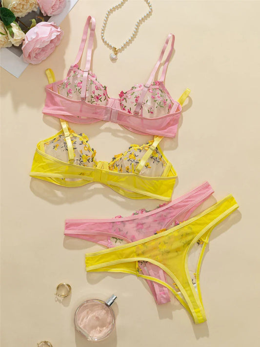 2 Sets Romantic Floral Embroidery Women Lingerie