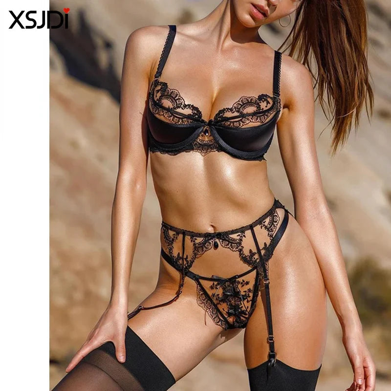 4PCS Women's Sexy Embroidered Lingerie Set