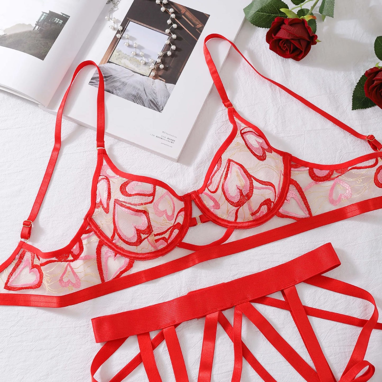 4-Piece Lace Bra Set Women Red Heart Embroidery Transparent Underwear