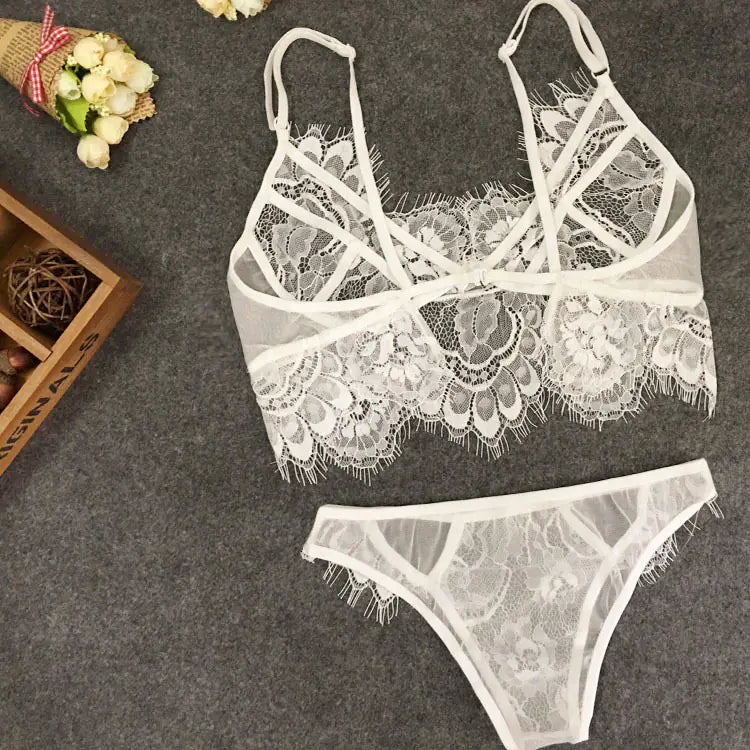Lace Three-Piece Lingerie Set with Eyelash Design
