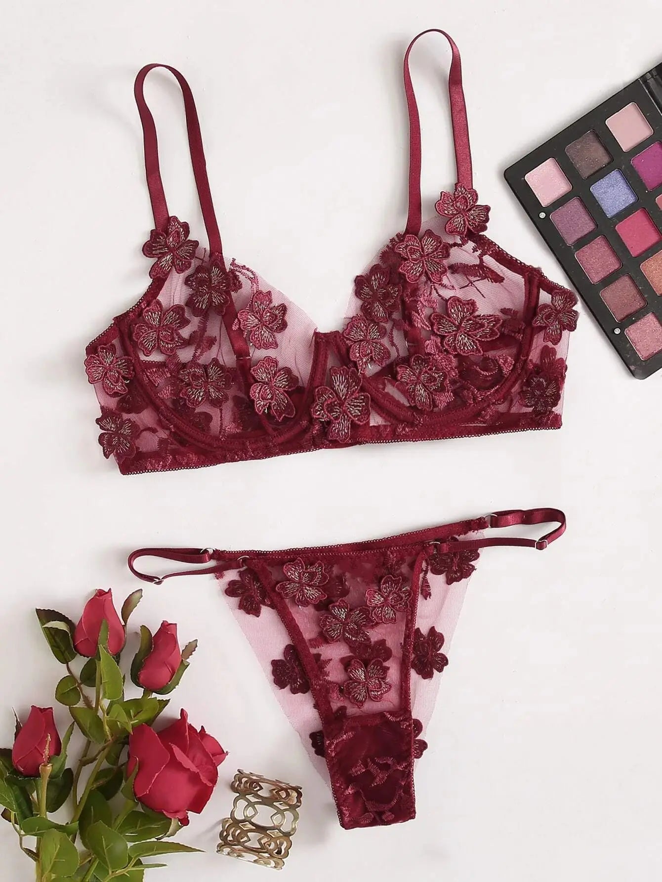 Lace Embroidered Floral Lingerie Set for Women