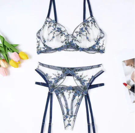 Floral Embroidered Blue Lace Lingerie Set (One Set)