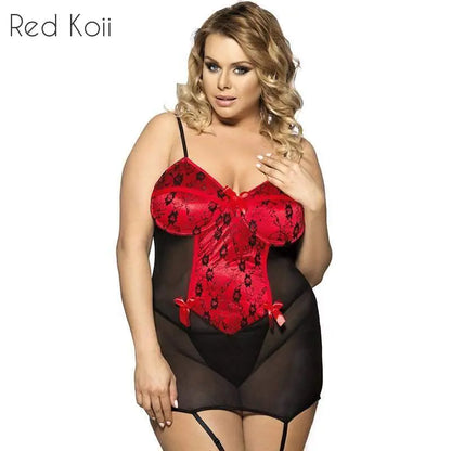 Woman wearing a red and black lace lingerie set with 'Red Koii' branding.