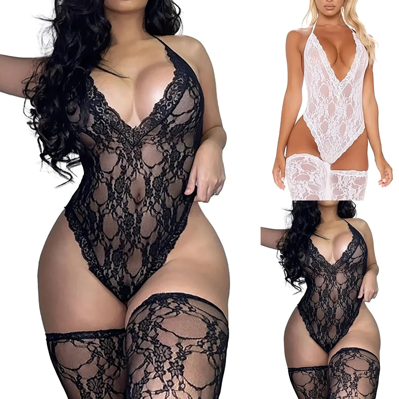 Three women wearing black and white lace lingerie with stockings.