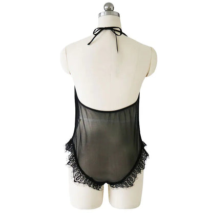 Black lace lingerie set on a mannequin against a white background