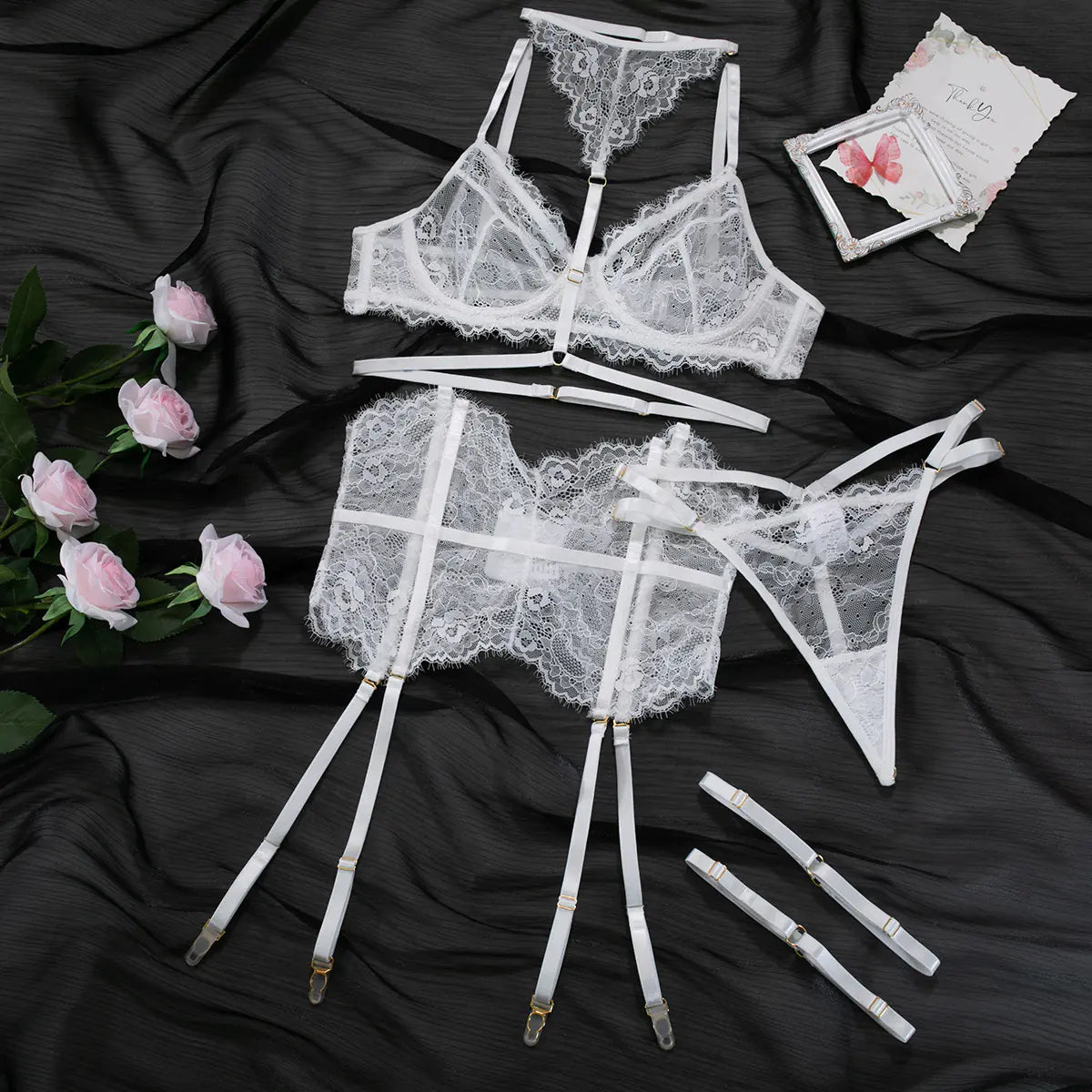 Lace and Fishbone Design 3-Piece Lingerie Set