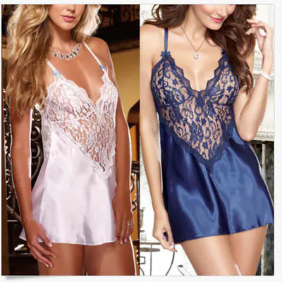 Two women wearing lace lingerie, one in white and the other in blue, against a neutral background.