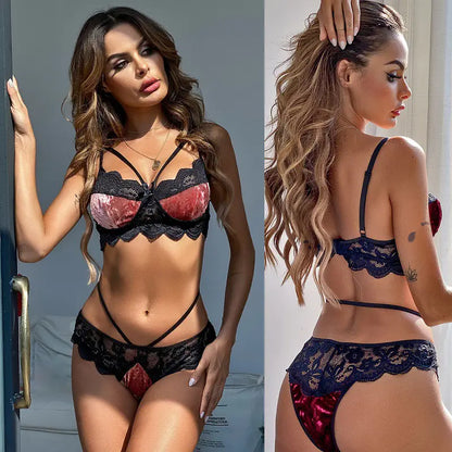 Two images of a woman wearing black and red lace lingerie.
