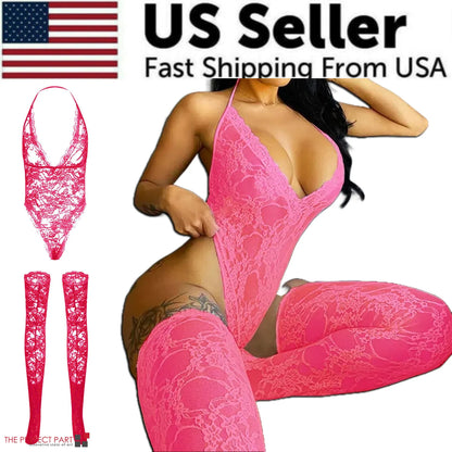 Pink lace lingerie set with stockings, US seller text, and American flag.