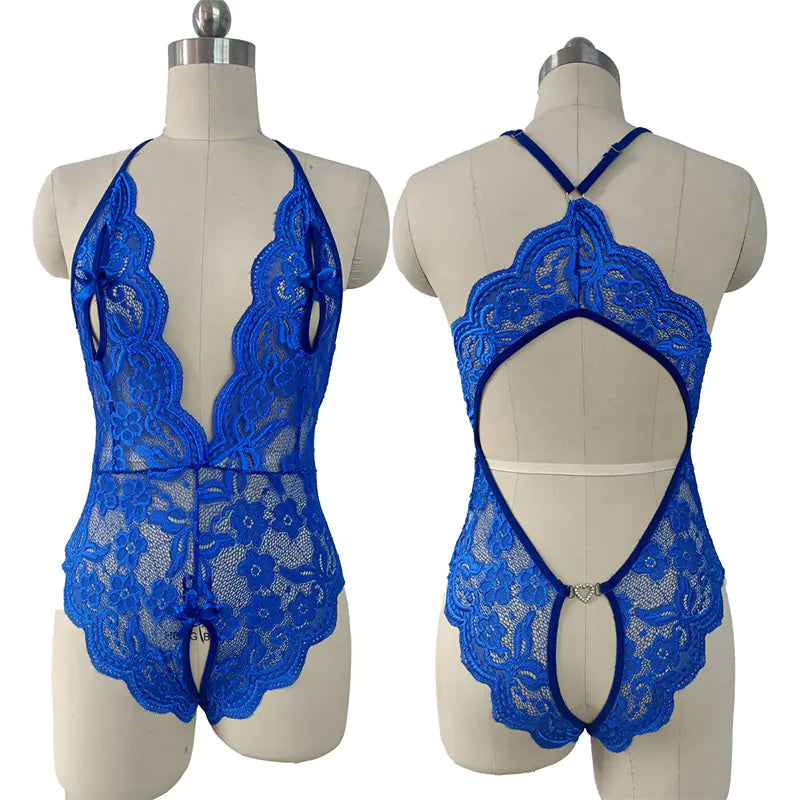 Blue Lace Hollow Bra and Crotch Pants Lingerie Set