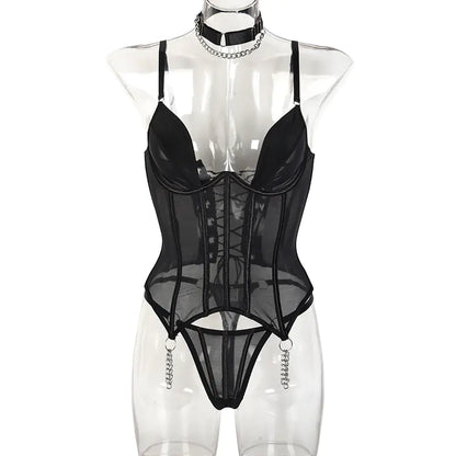 Black lace-up bodysuit on a transparent mannequin against a white background