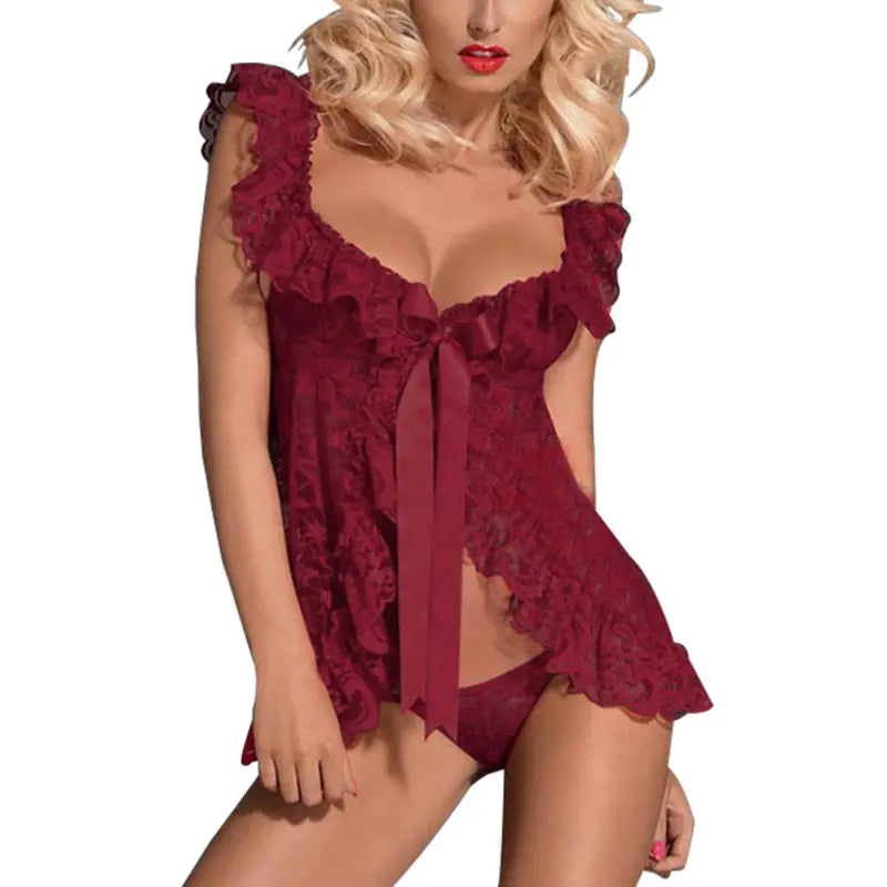 Plus Size Lace Lingerie Set with Sheer Nightgown