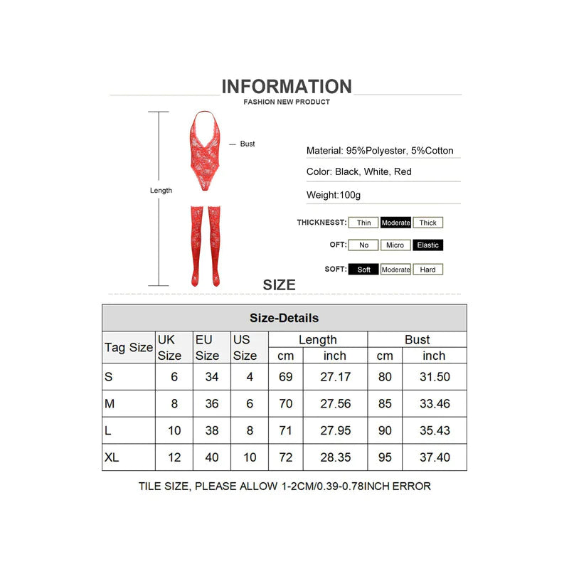 Product information sheet with size chart and measurement details on a white background