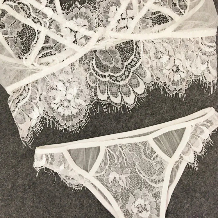 Lace Three-Piece Lingerie Set with Eyelash Design