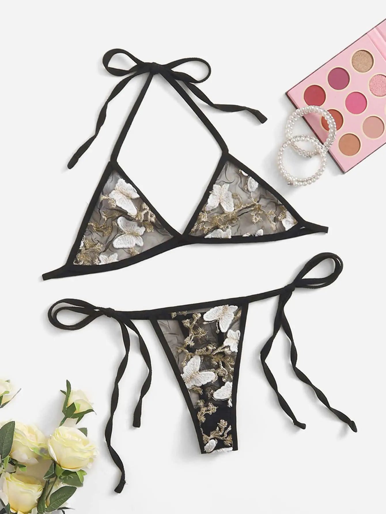 Lingerie Set with Embroidered Bra and T-Back Panty
