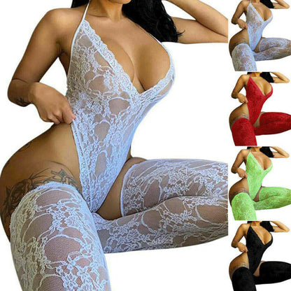Lace bodystocking in various colors with a model wearing it.