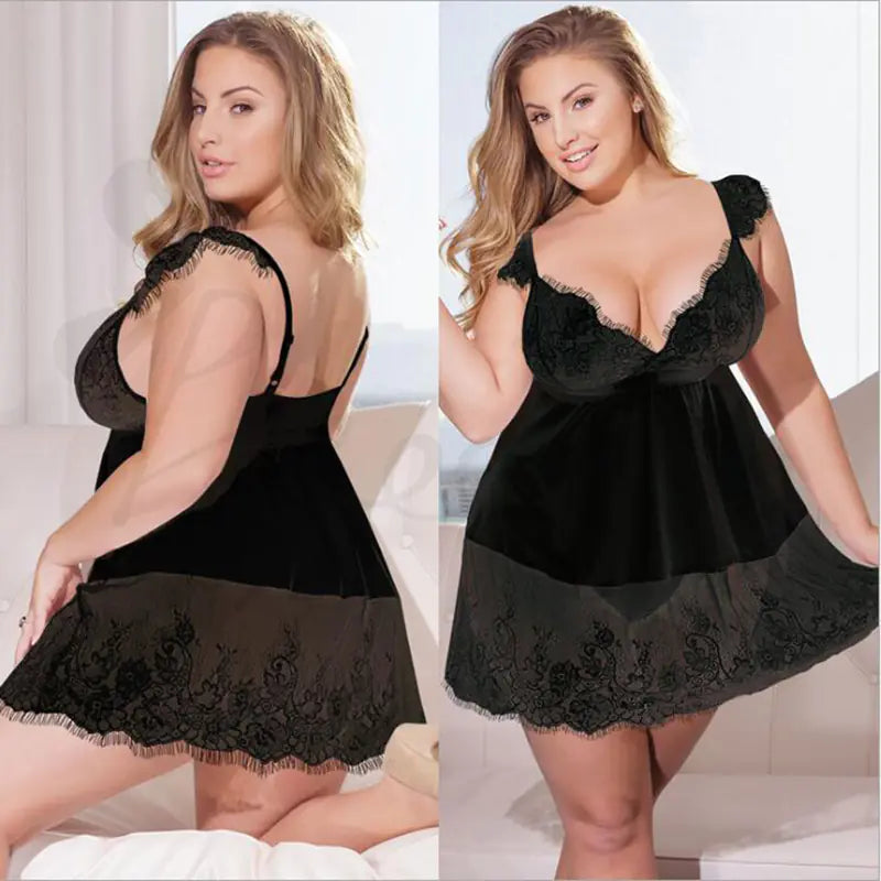 Plus Size Deep V Lace Lingerie Dress for Women