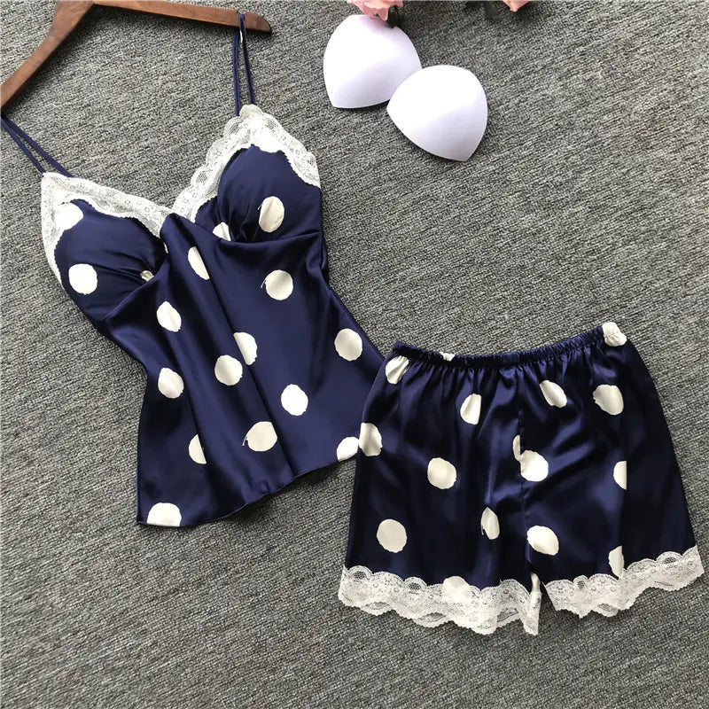 Lace Trim Polka Dot Cami Short Set, Lingerie Outfit