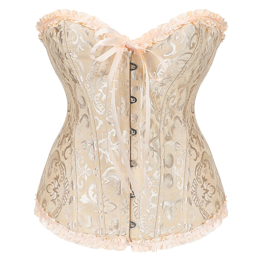 Womens Bustier Corset Lace Up Boned Overbust Bustier Lingerie Top Beige XXL