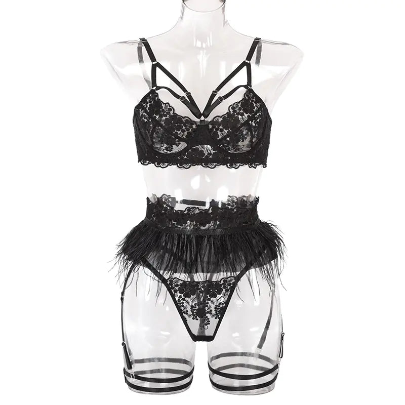 Lace and Feather Three-Piece Sexy Lingerie Set