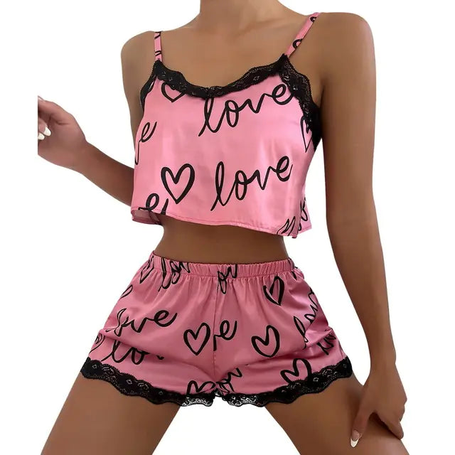 Two-Piece Set: Printed Shorts and Sexy Camisole Lingerie