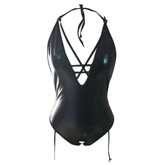 Black swimsuit with criss-cross straps on a white background